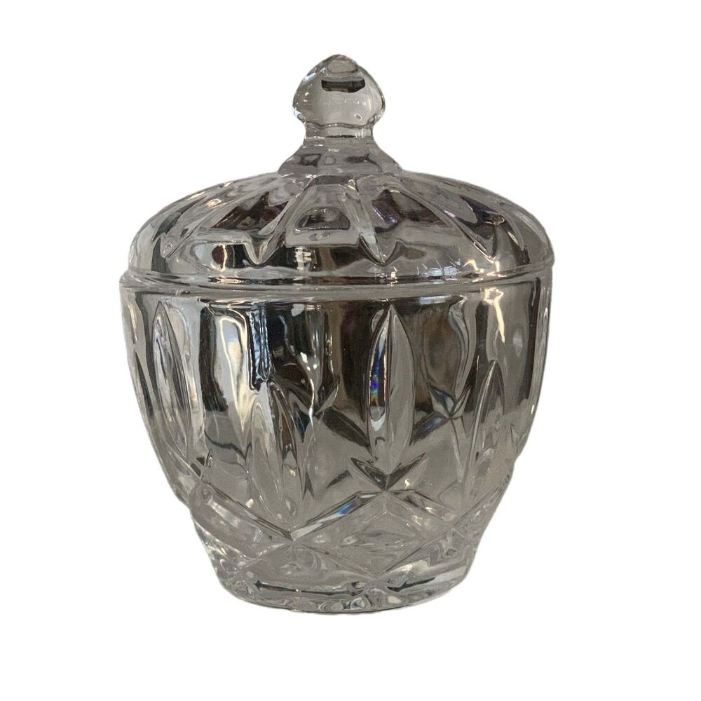 Vintage Cut Glass Candy Dish w/ Lid Crystal Style Jar Covered Bowl